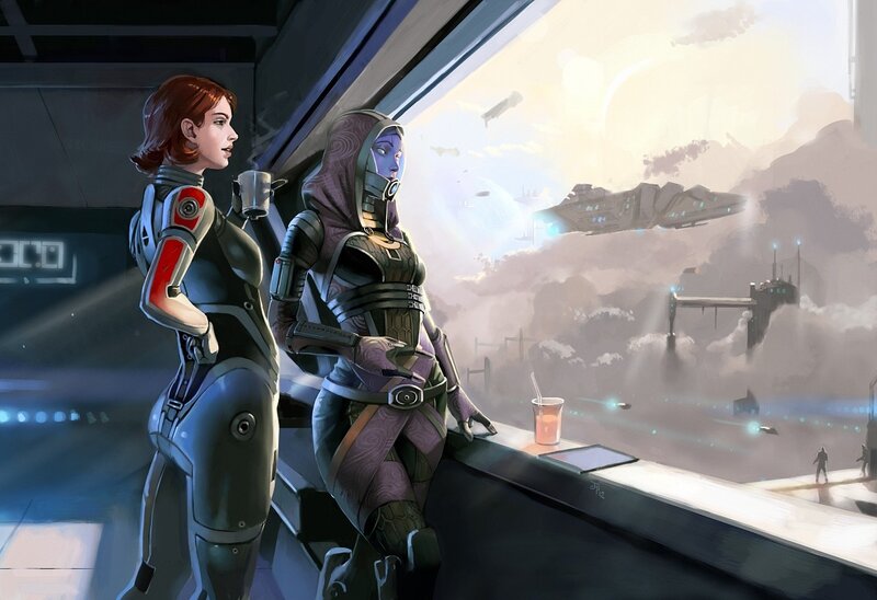 sci-fi characters at window