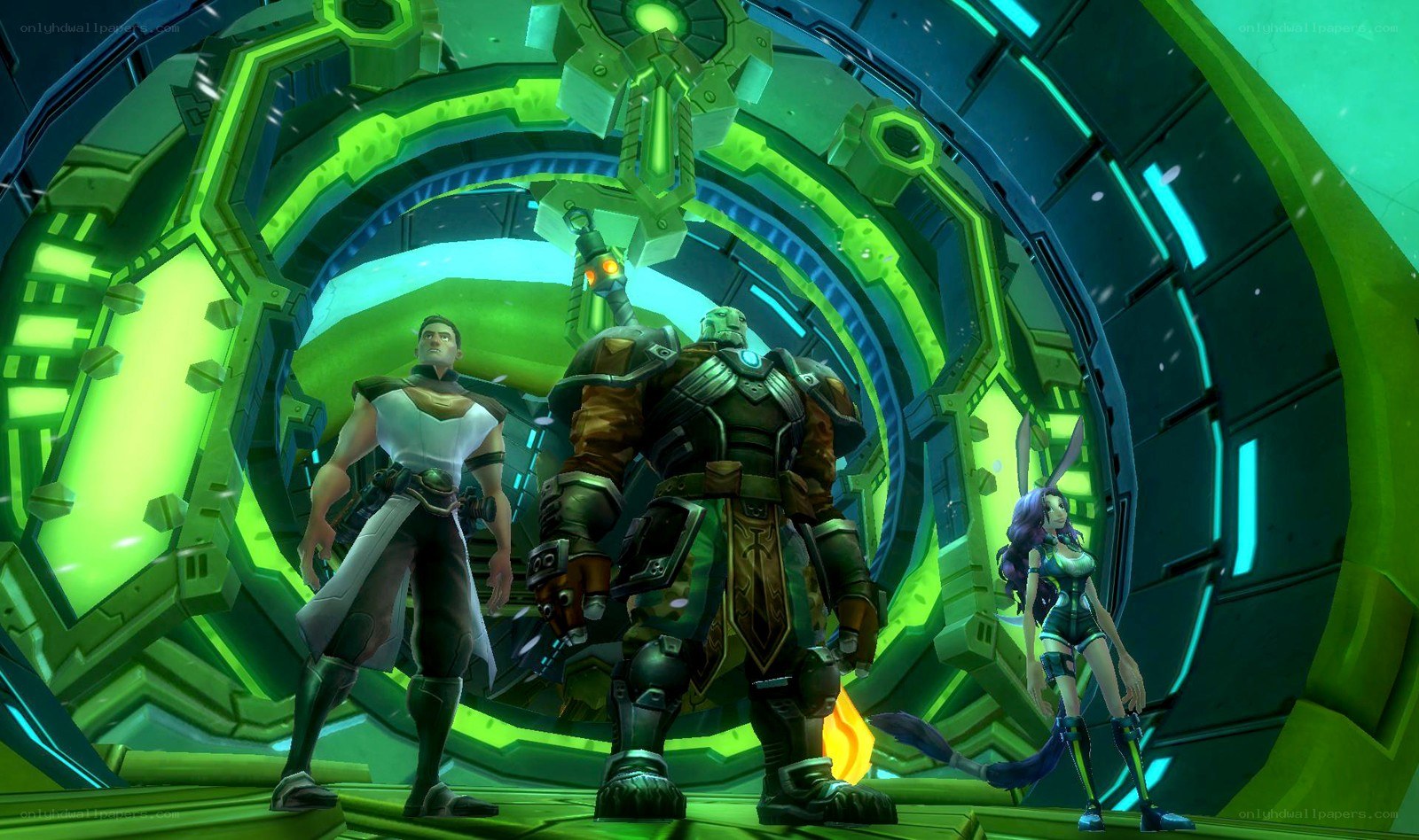 sci-fi characters in a green tunnel