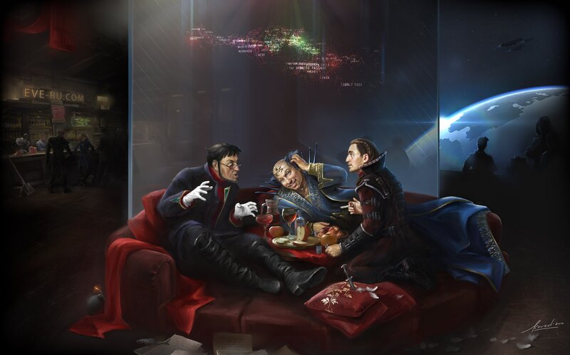 Sci-fi characters in a lounge
