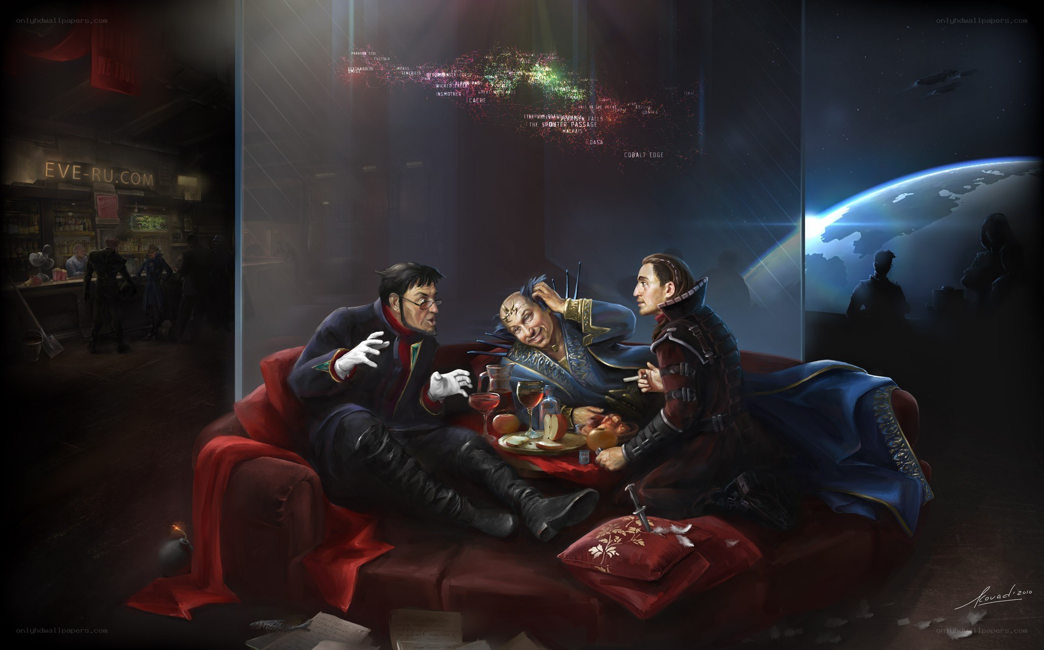 Sci-fi characters in a lounge
