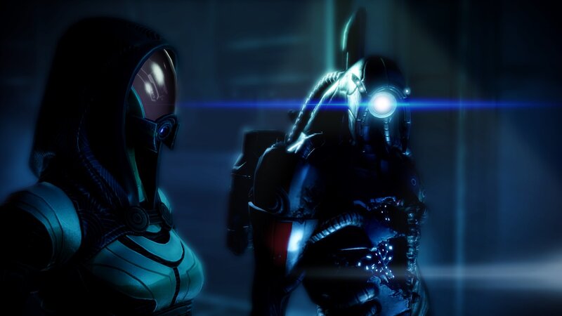 sci-fi characters in dark corridor
