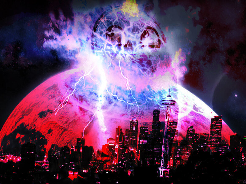 Sci-fi city with alien planet