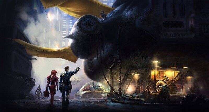 sci-fi city with large spacecraft