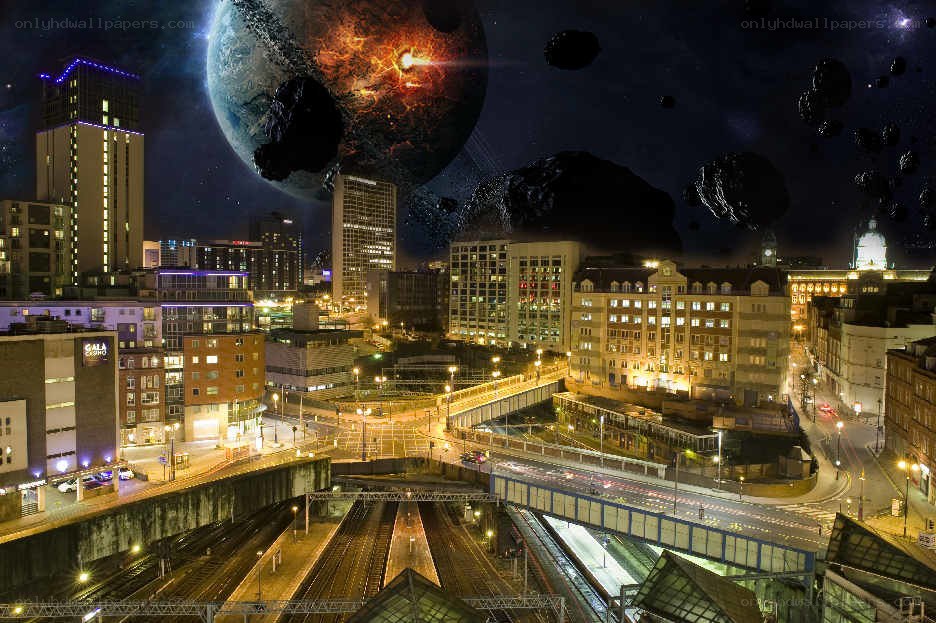 Sci-fi city with planet and asteroids