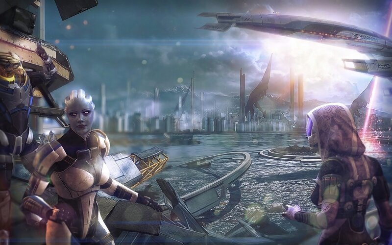 sci-fi cityscape with alien characters