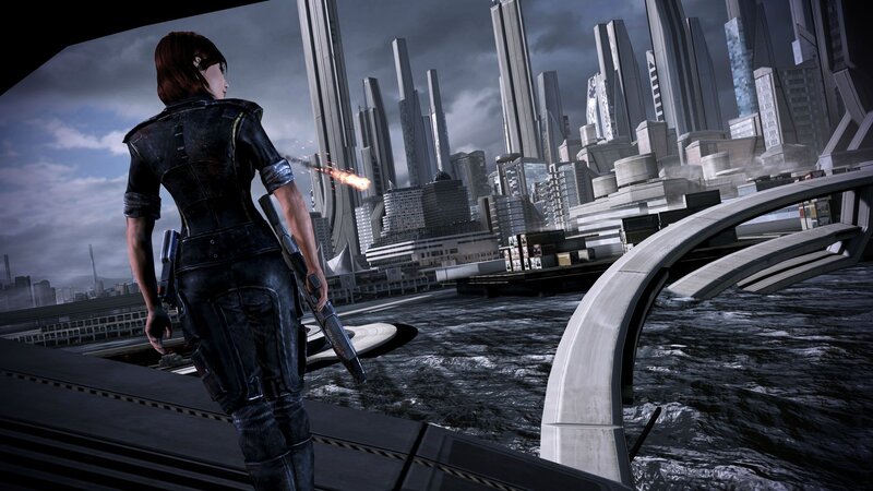 sci-fi cityscape with armed woman