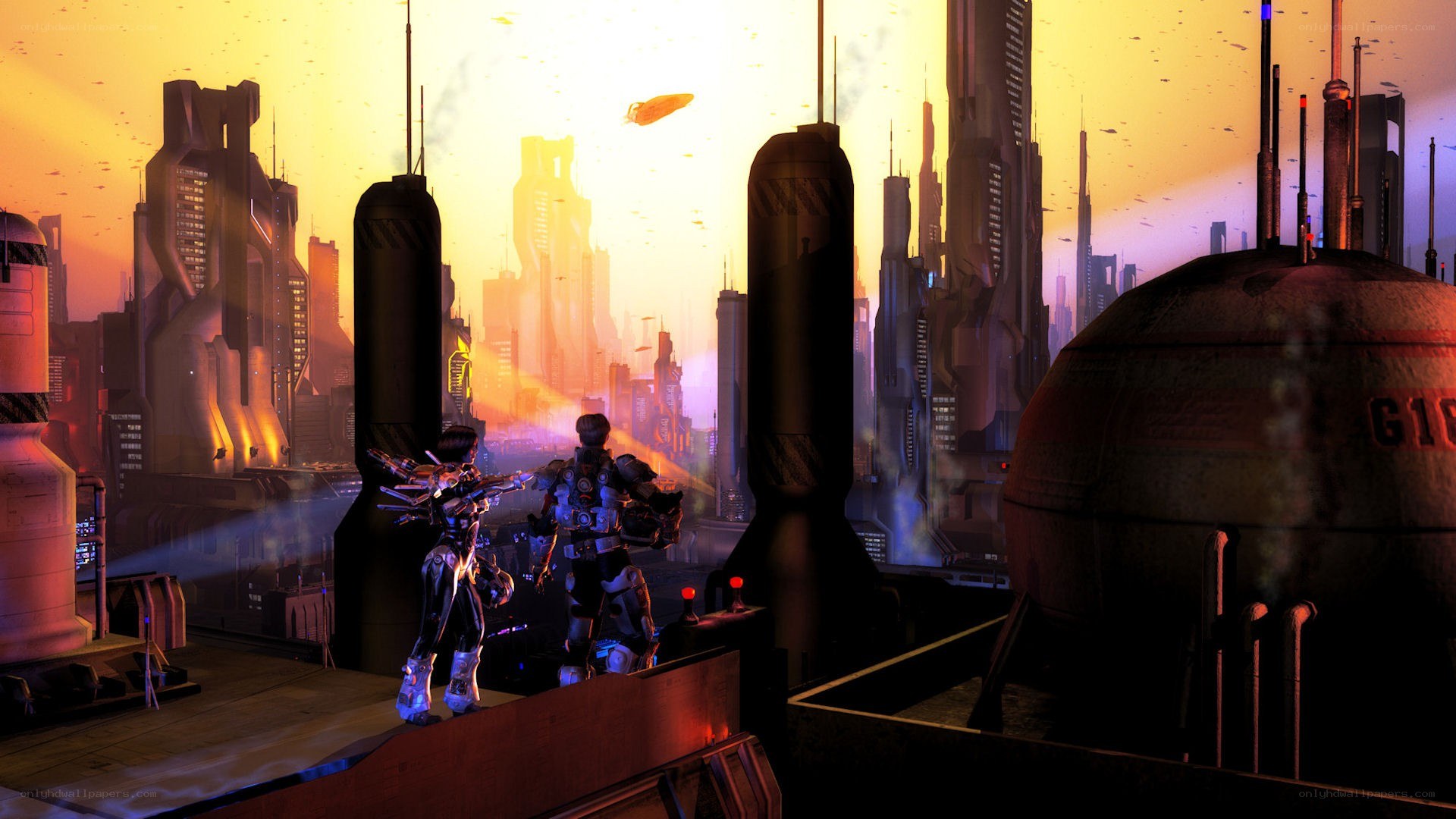 sci-fi cityscape with armored figures