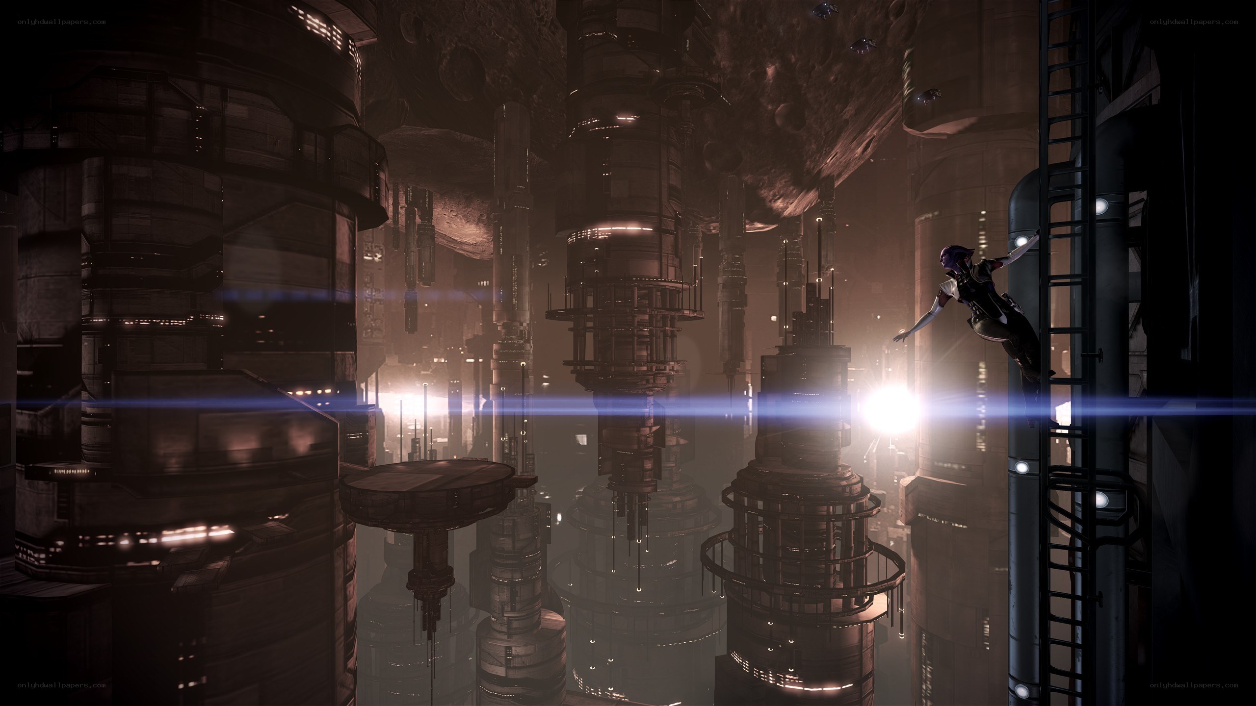 sci-fi cityscape with climber