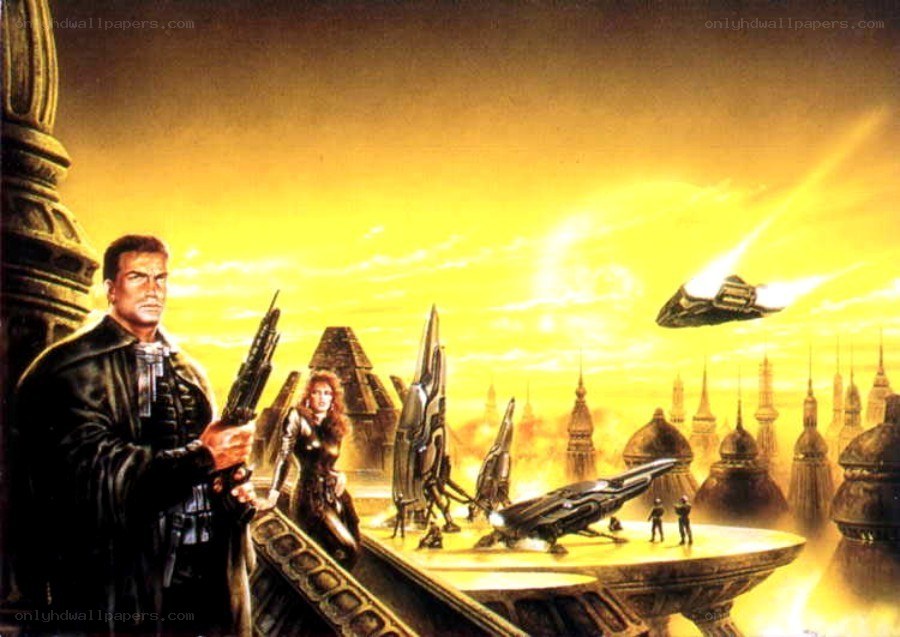 sci-fi cityscape with warriors