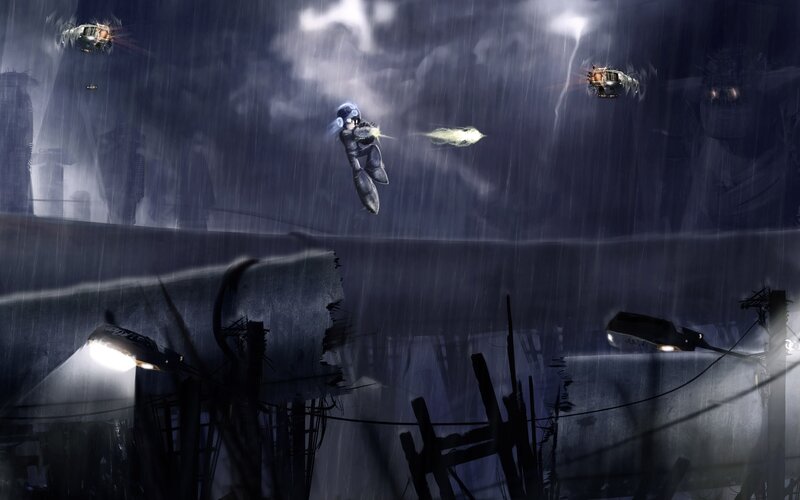 sci-fi combat in a rainy city