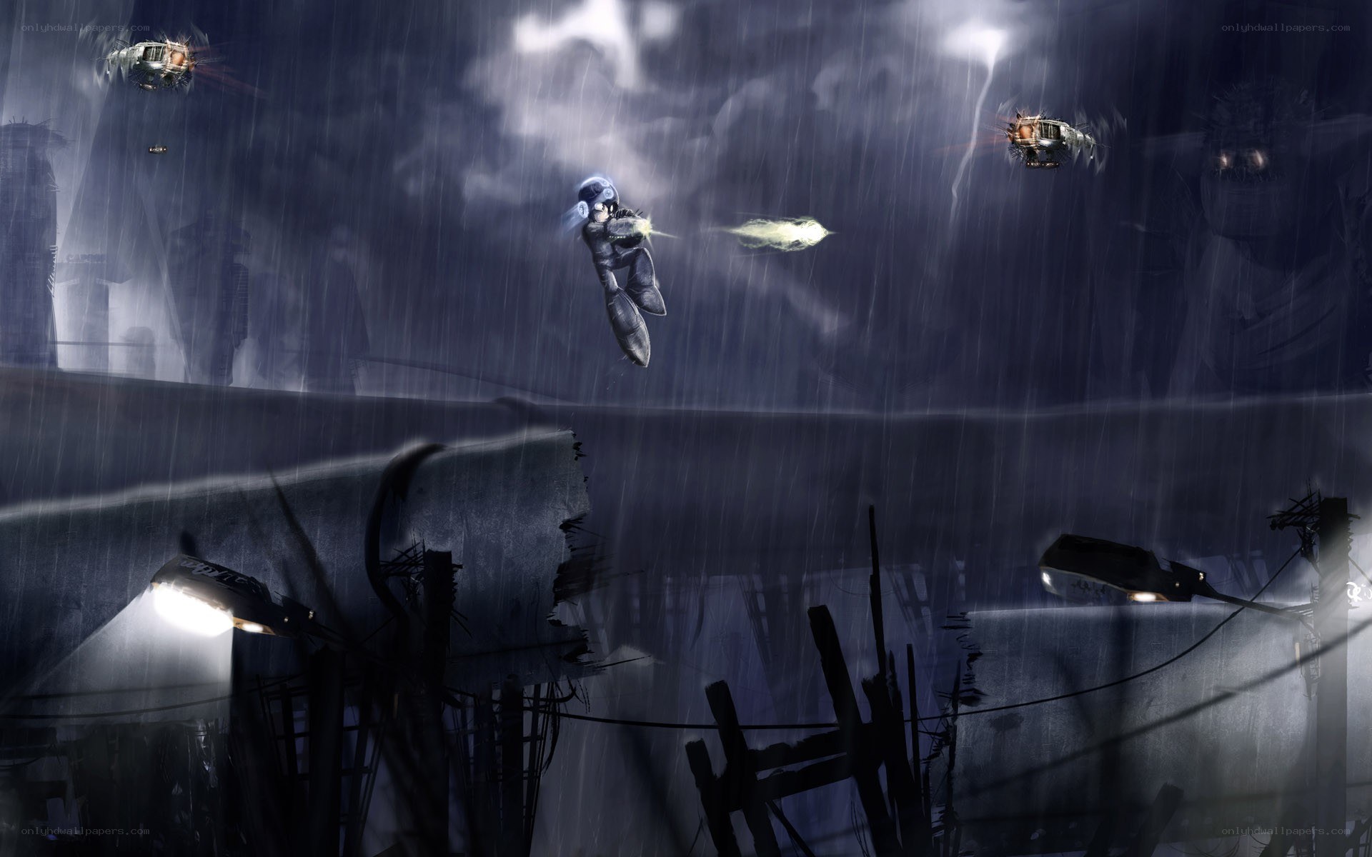 sci-fi combat in a rainy city