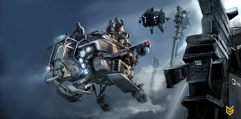 Sci-fi combat vehicle in action