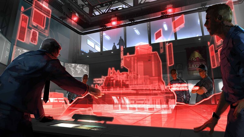 Sci-fi control room with holograms