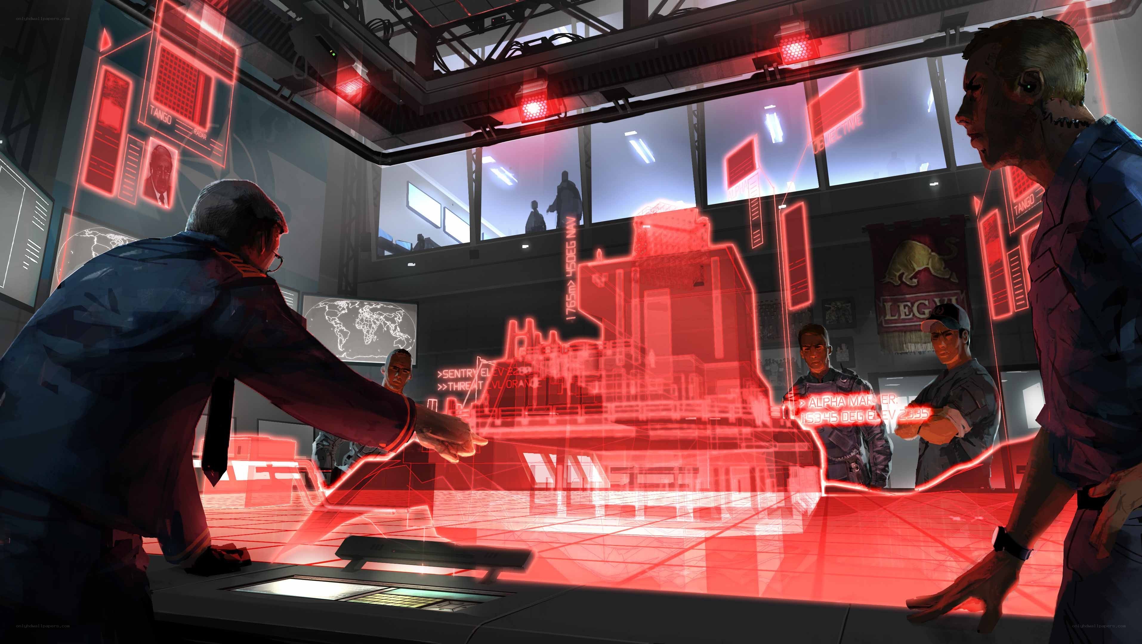 Sci-fi control room with holograms
