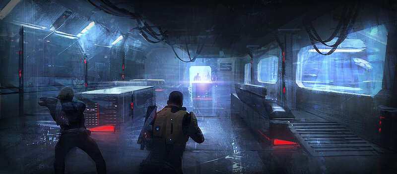 sci-fi corridor with armed figures