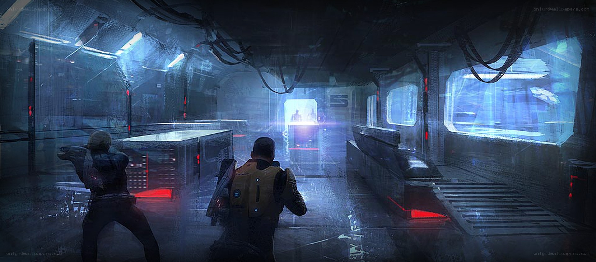 sci-fi corridor with armed figures
