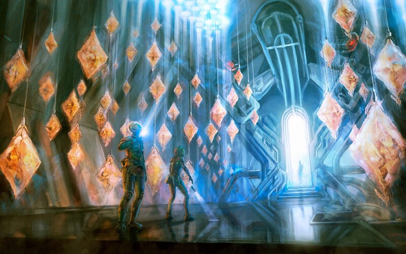 sci-fi corridor with glowing crystals