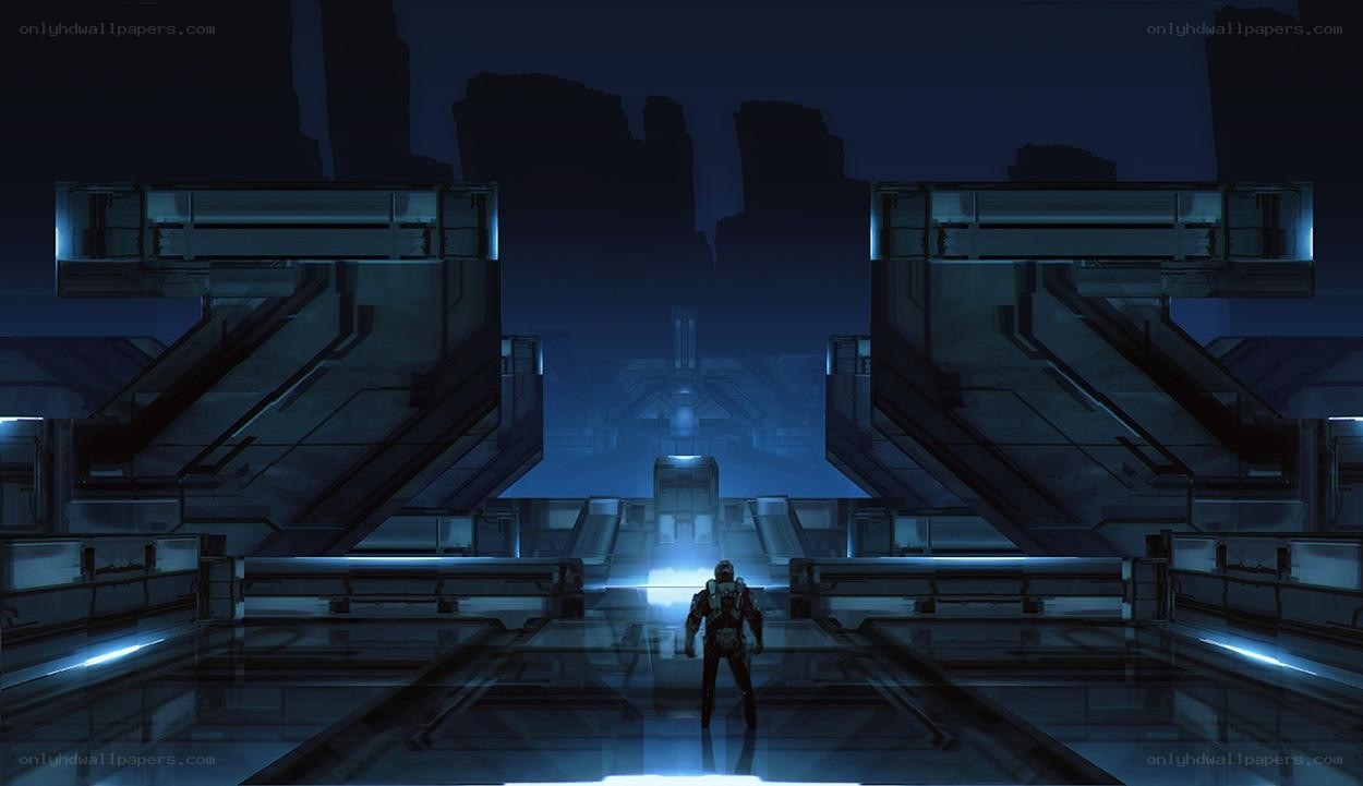 sci-fi corridor with lone figure