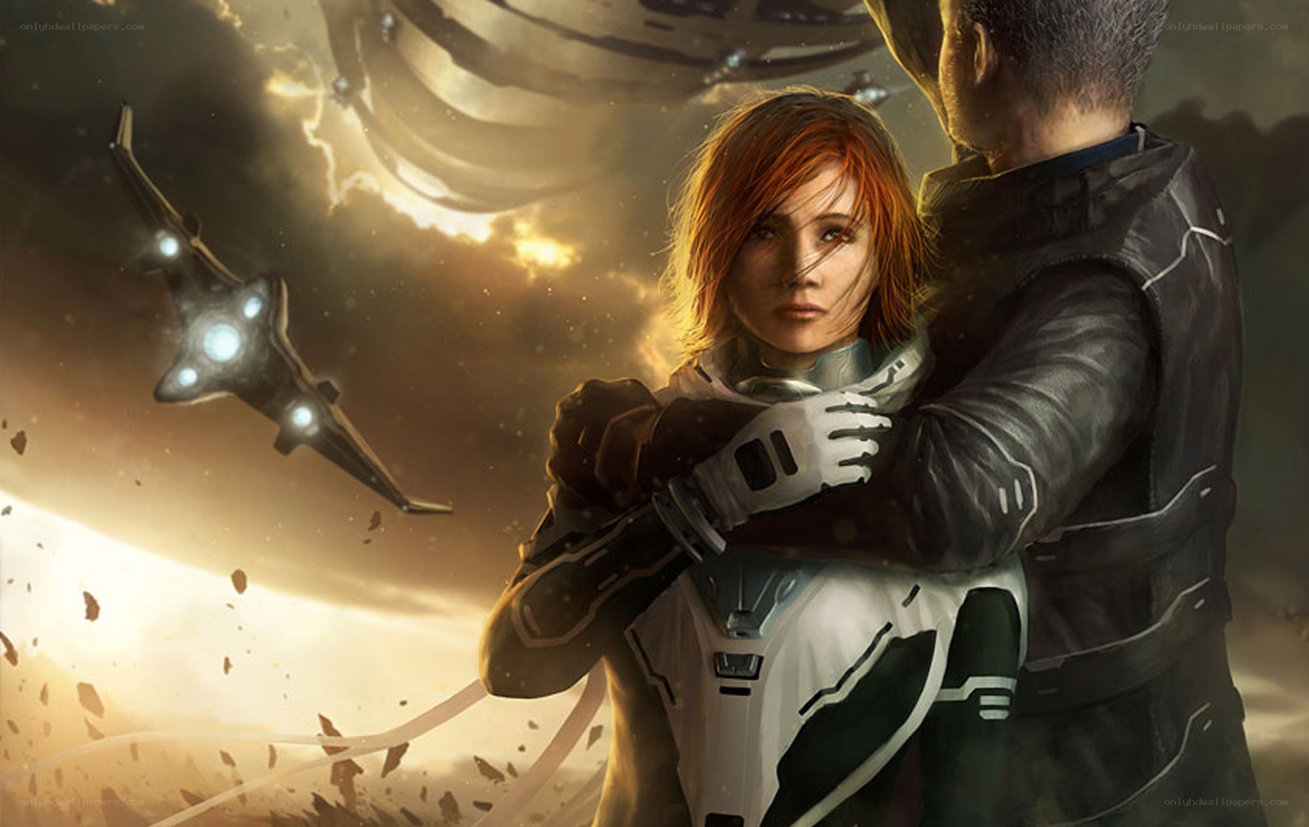 sci-fi couple in space battle