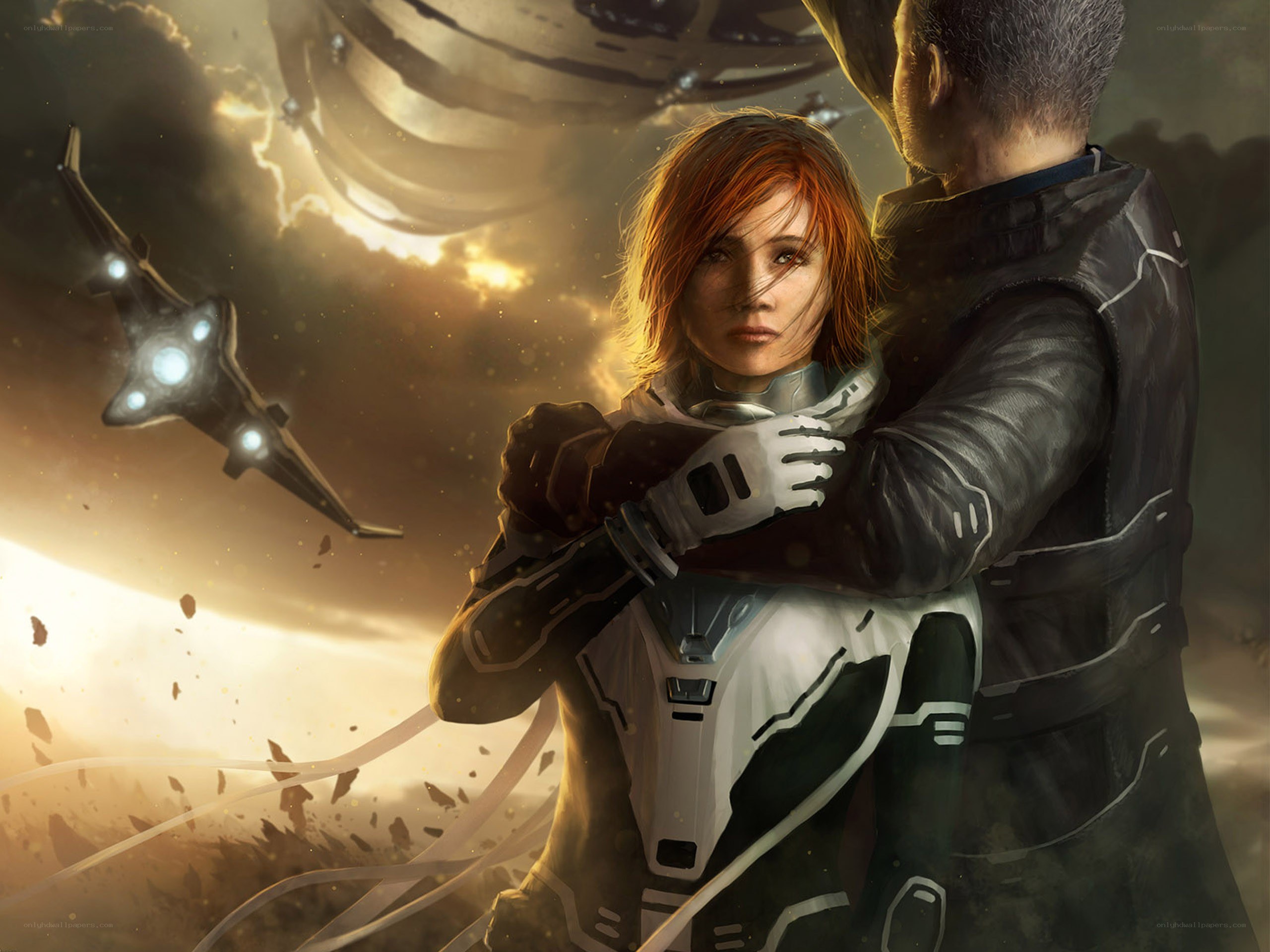 sci-fi couple in space battle