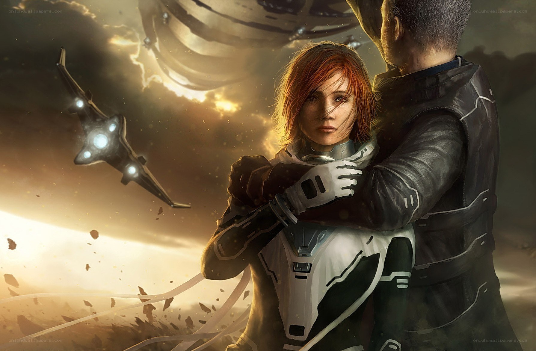 sci-fi couple in space battle