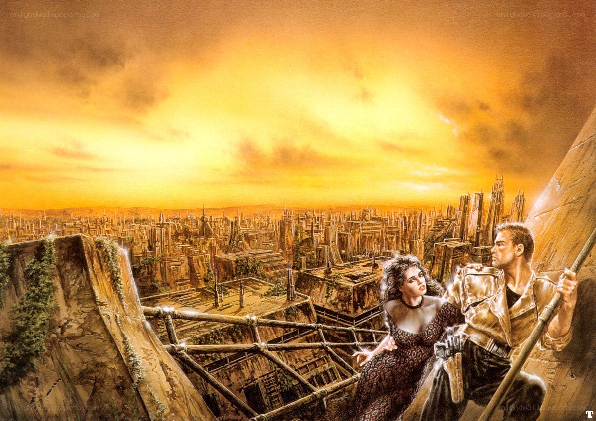 sci-fi couple on a cityscape