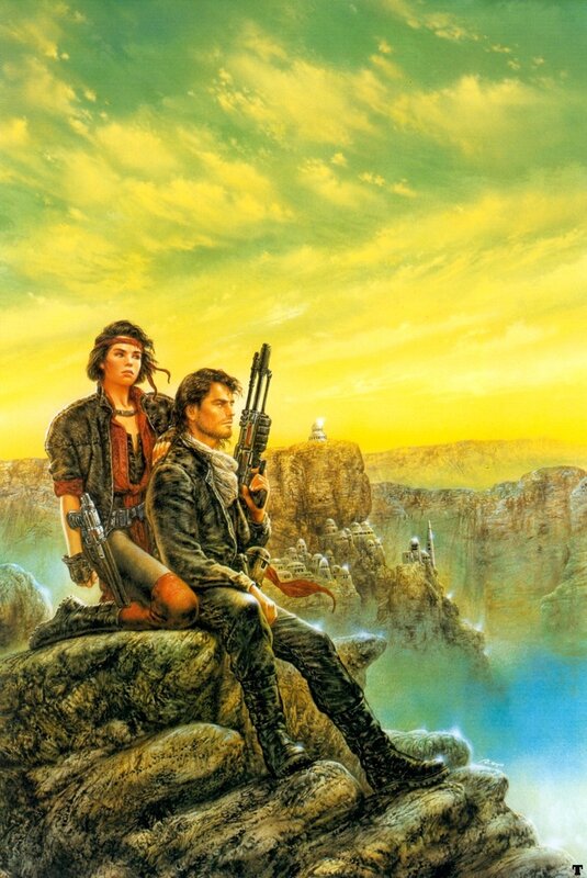 sci-fi couple on a cliff