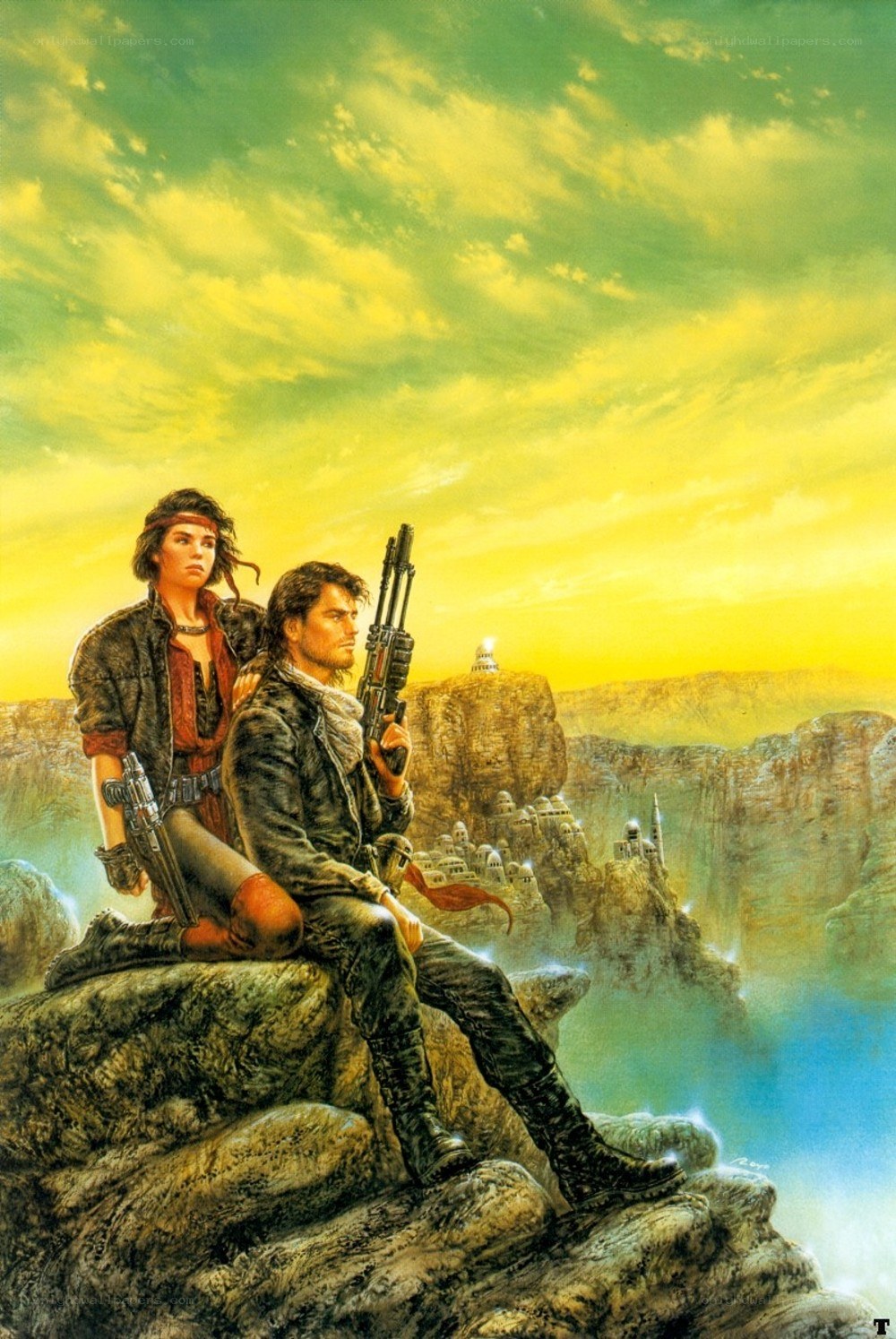 sci-fi couple on a cliff