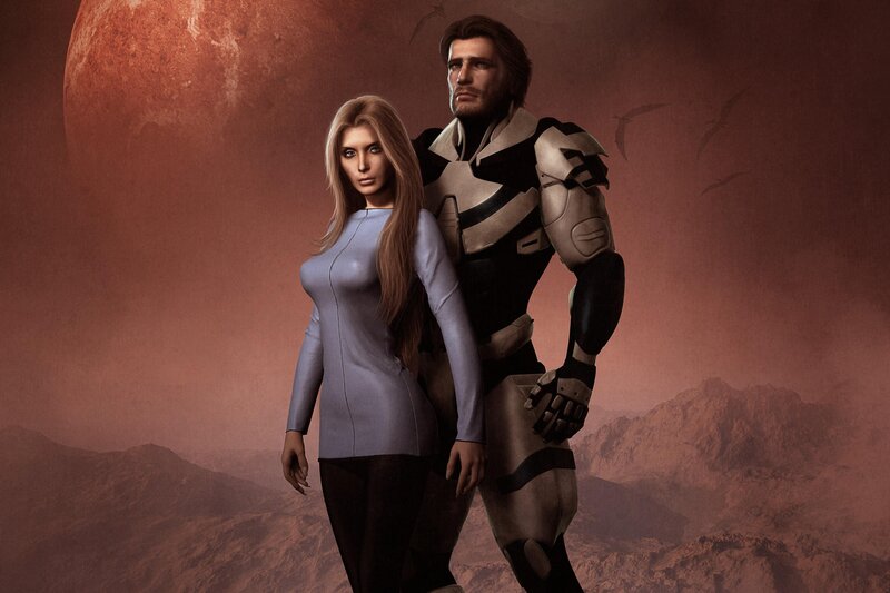 sci-fi couple on alien planet