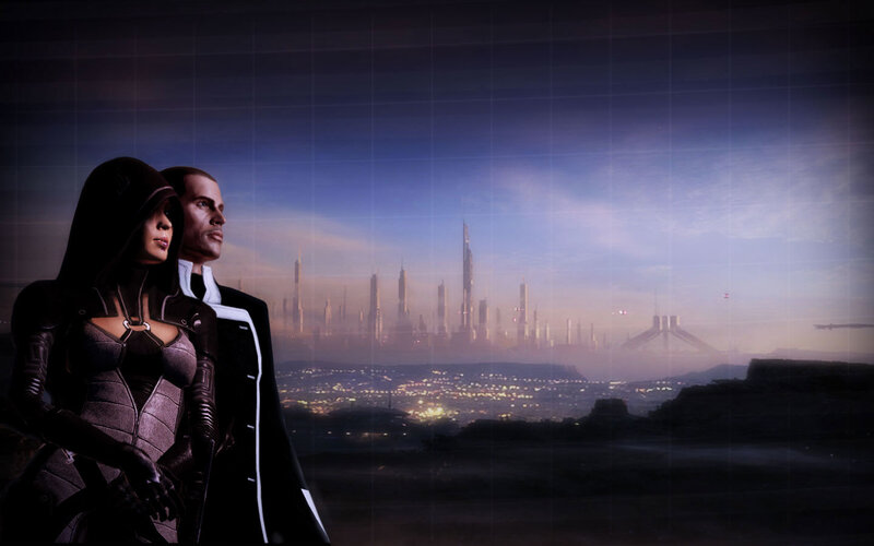 sci-fi couple overlooking city