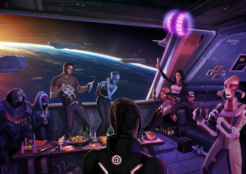 Sci-fi crew celebration