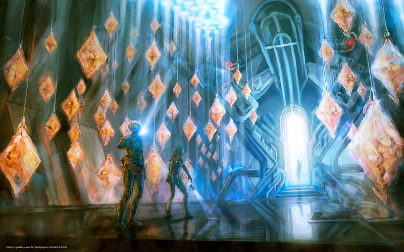 sci-fi explorers in glowing chamber