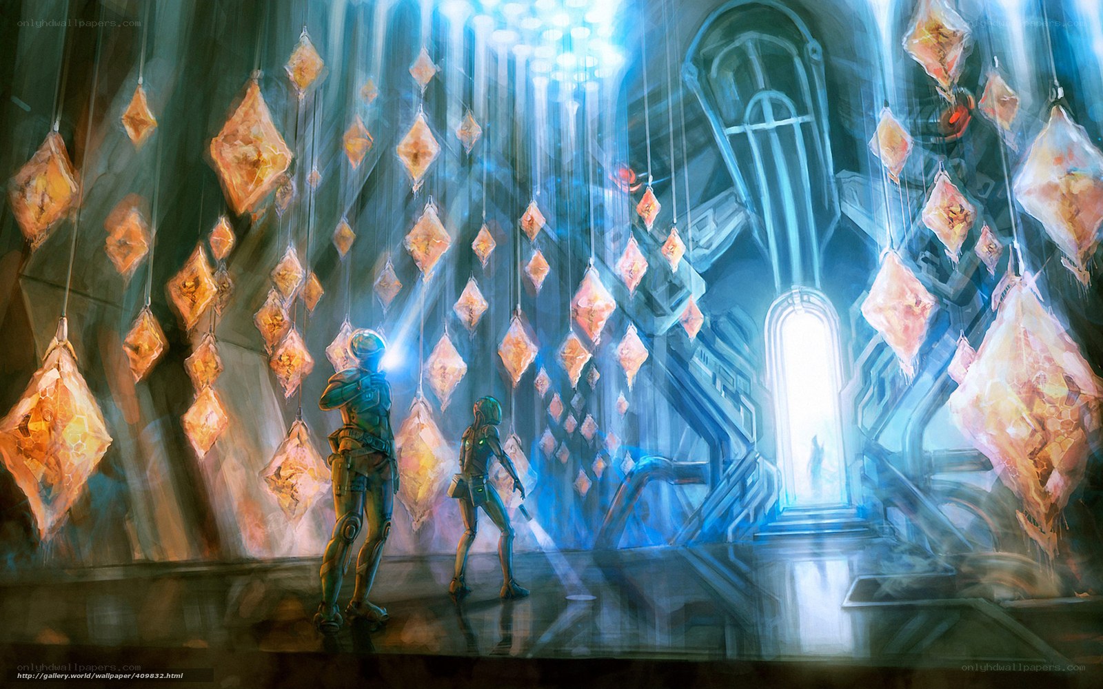 sci-fi explorers in glowing chamber
