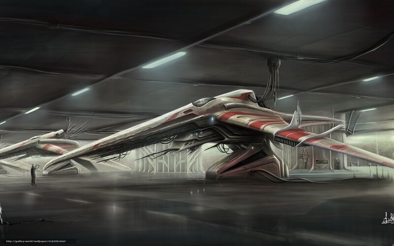 Sci-fi fighter in hangar