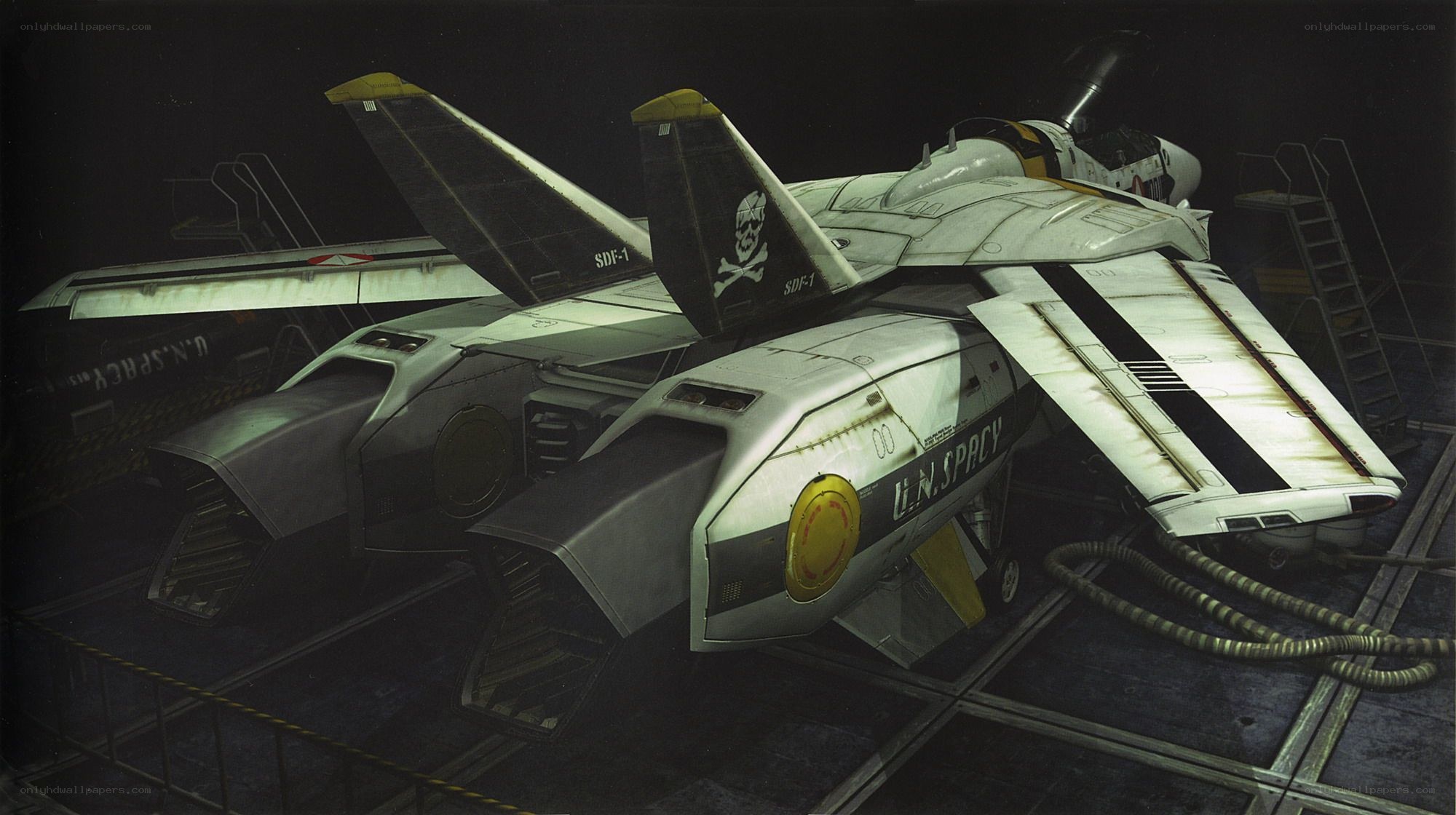 Sci-fi fighter jet in hangar