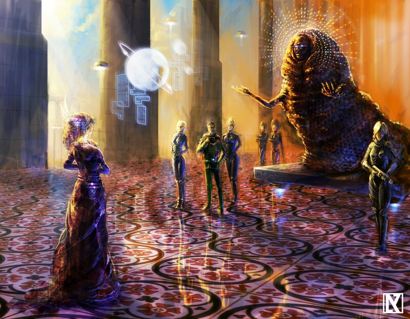 sci-fi hall with alien figure