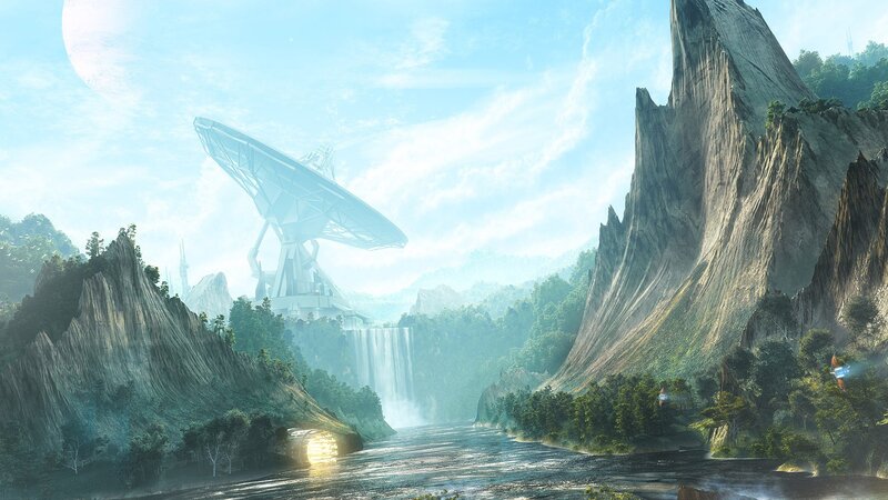 Sci-fi landscape with satellite dish
