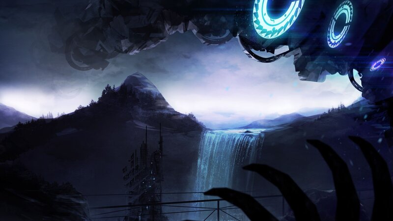 Sci-fi landscape with waterfall