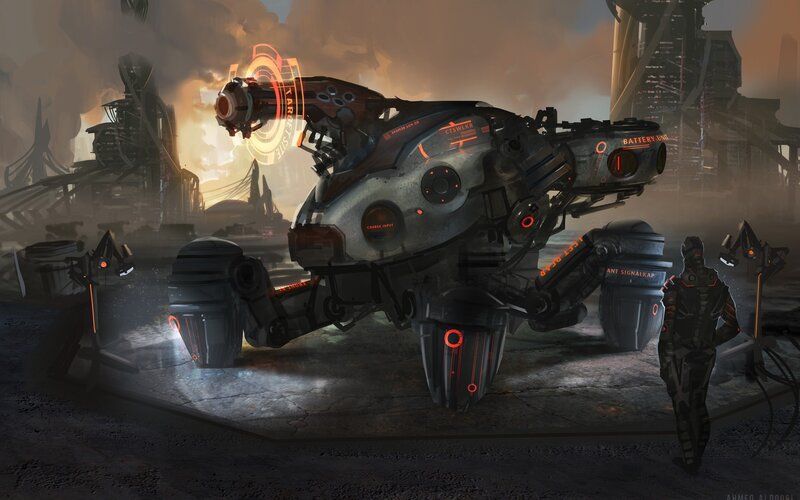 Sci-fi mech in a ruined city