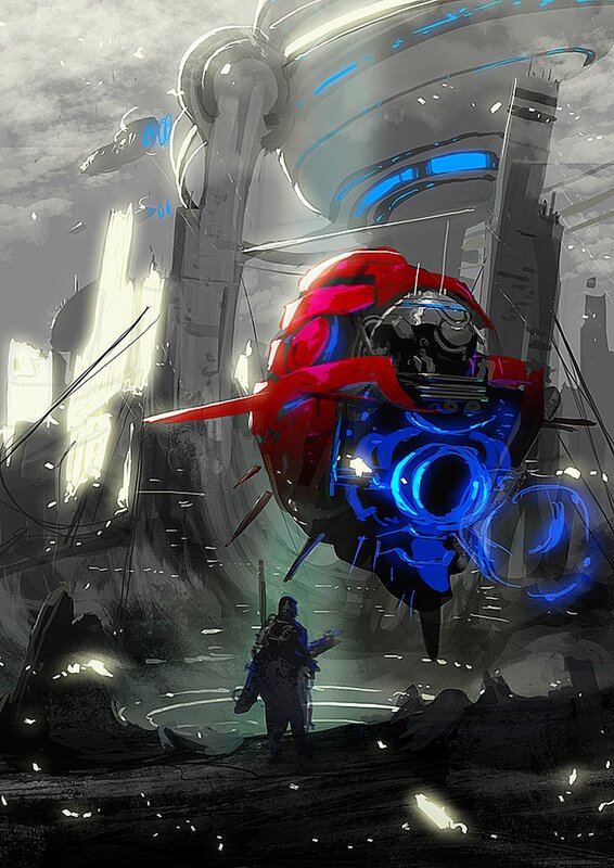 sci-fi mech in ruined city