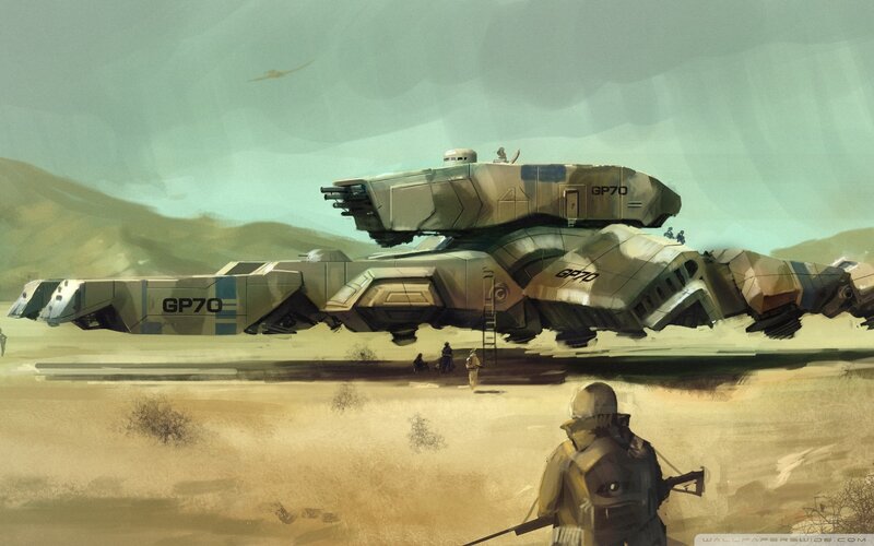 Sci-fi military transport in desert