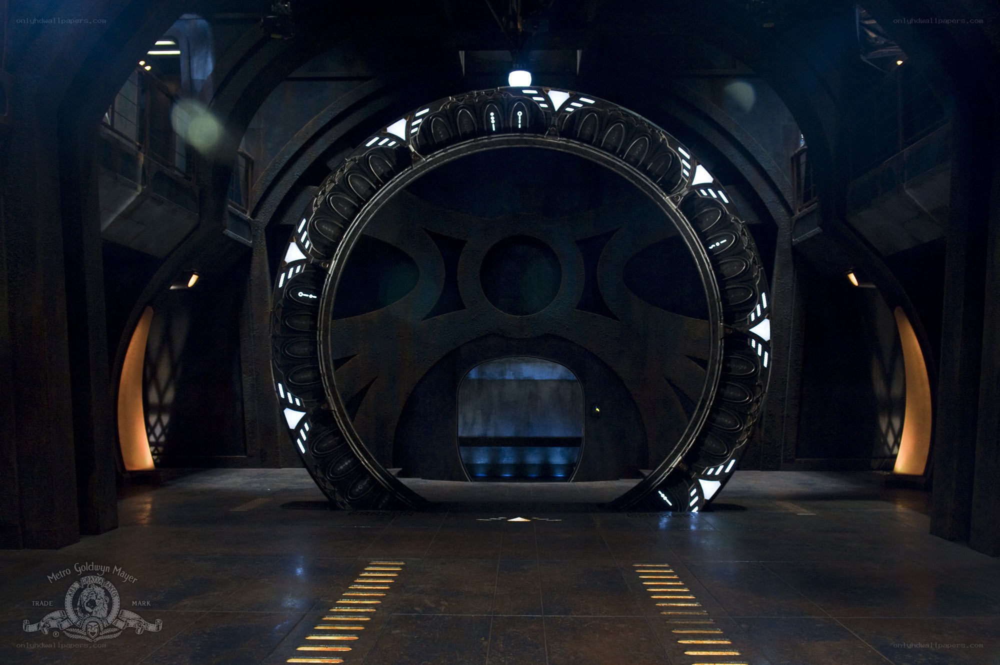 Sci-fi portal in a dark chamber