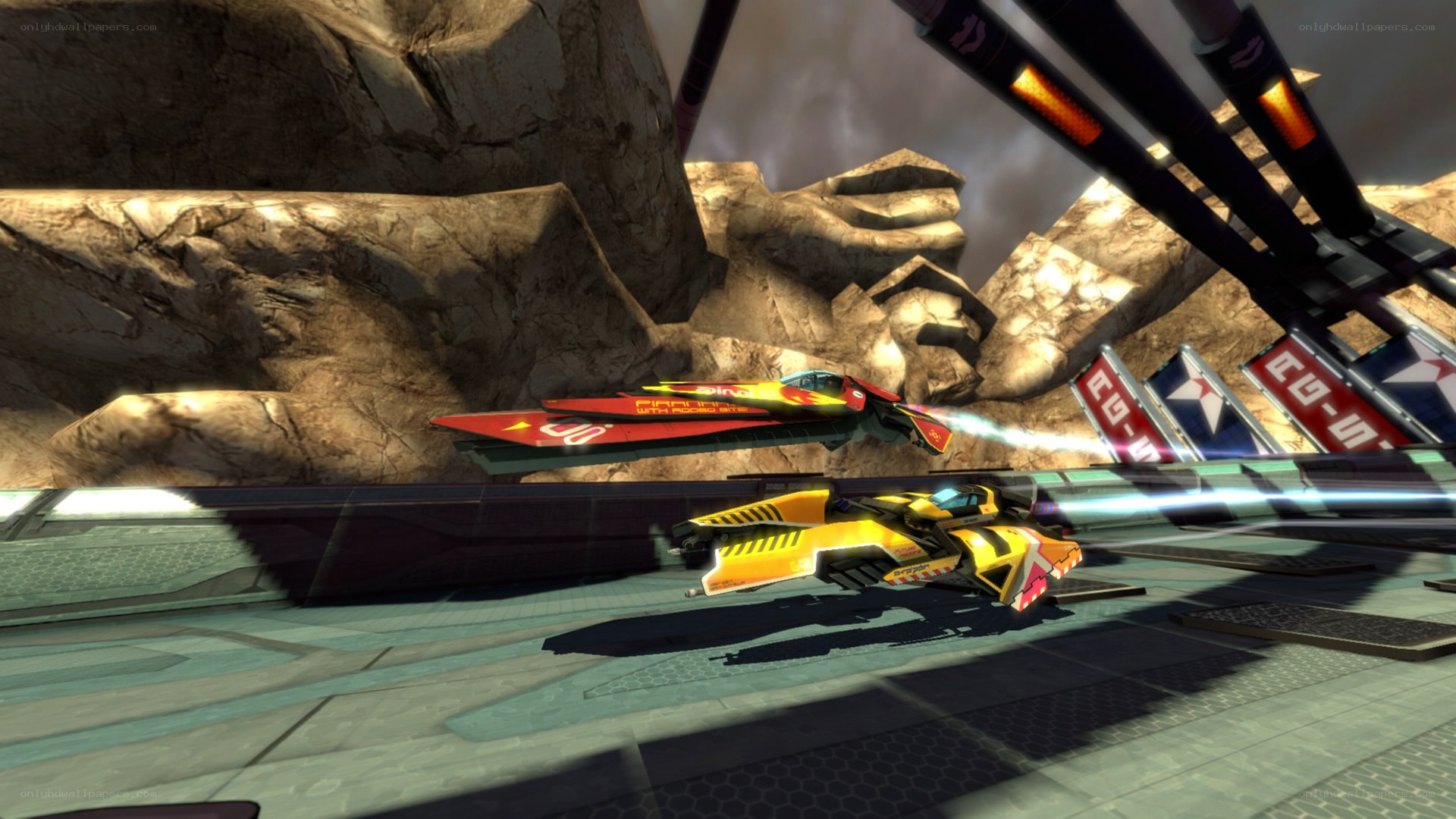 Sci-fi racing ships in canyon