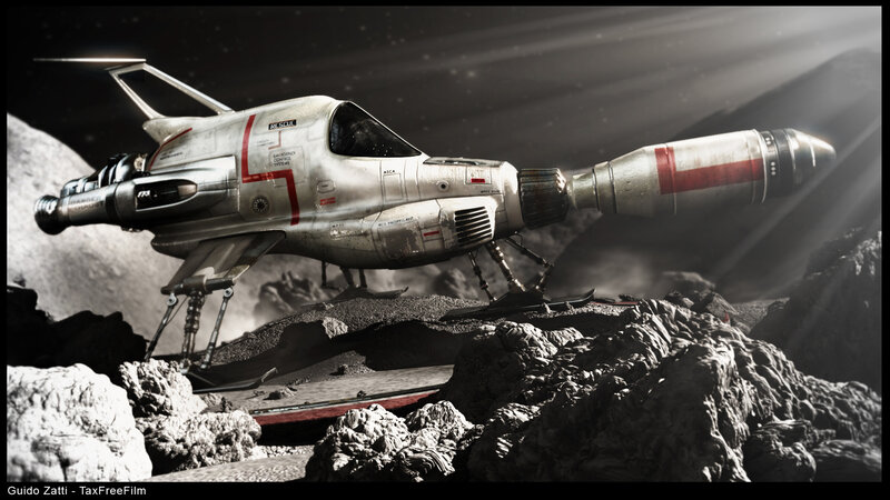 Sci-fi rescue craft on asteroid