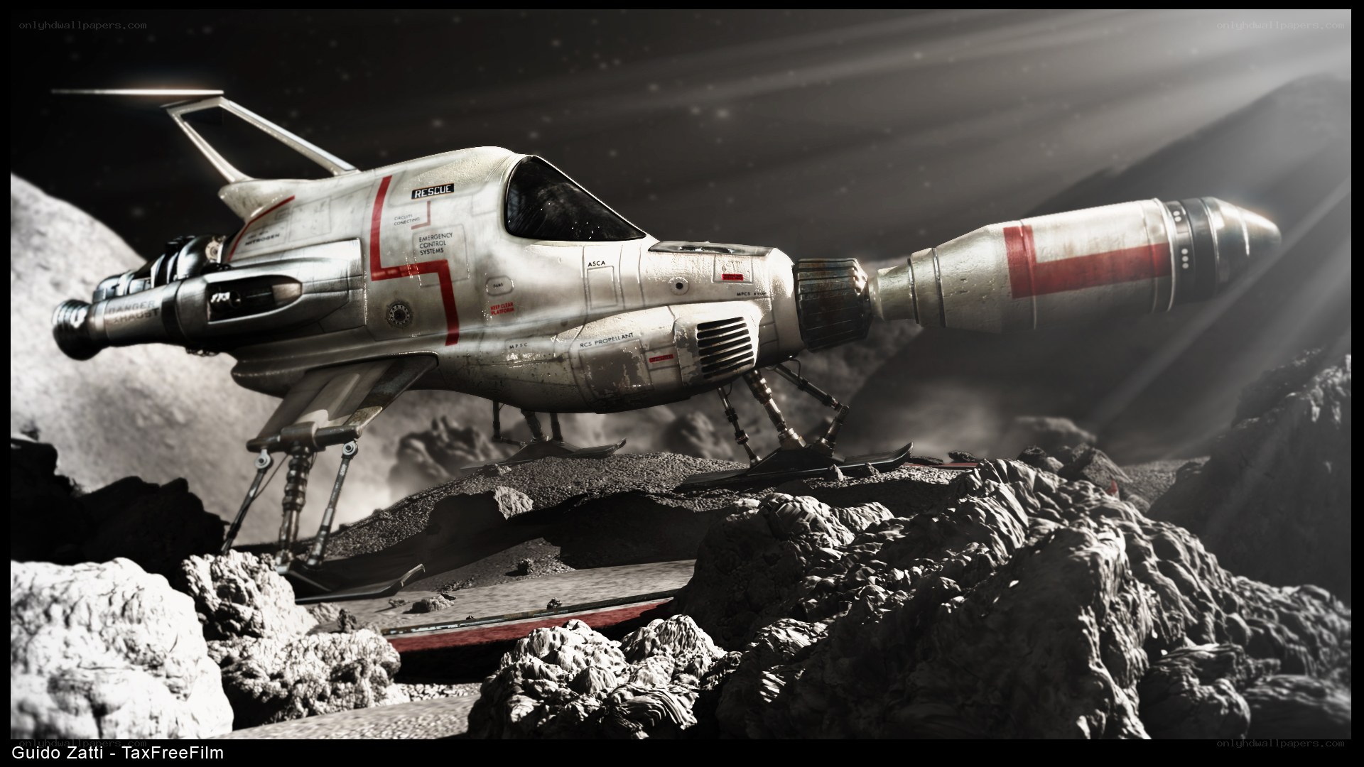 Sci-fi rescue craft on asteroid