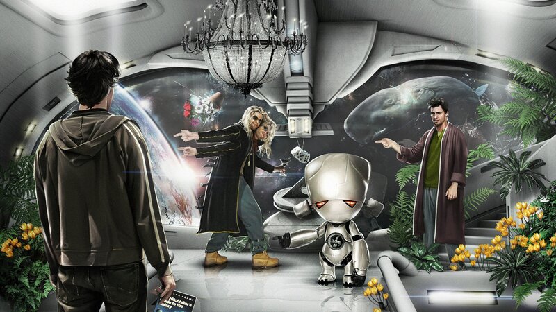 sci-fi room with characters