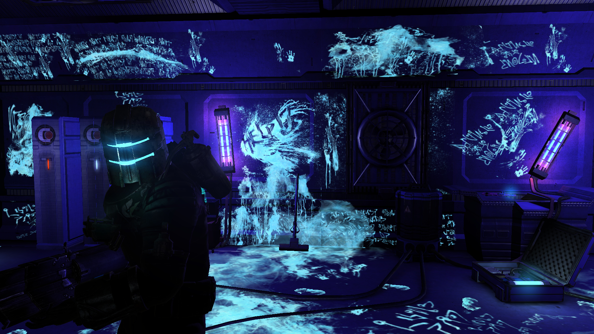 sci-fi room with glowing graffiti