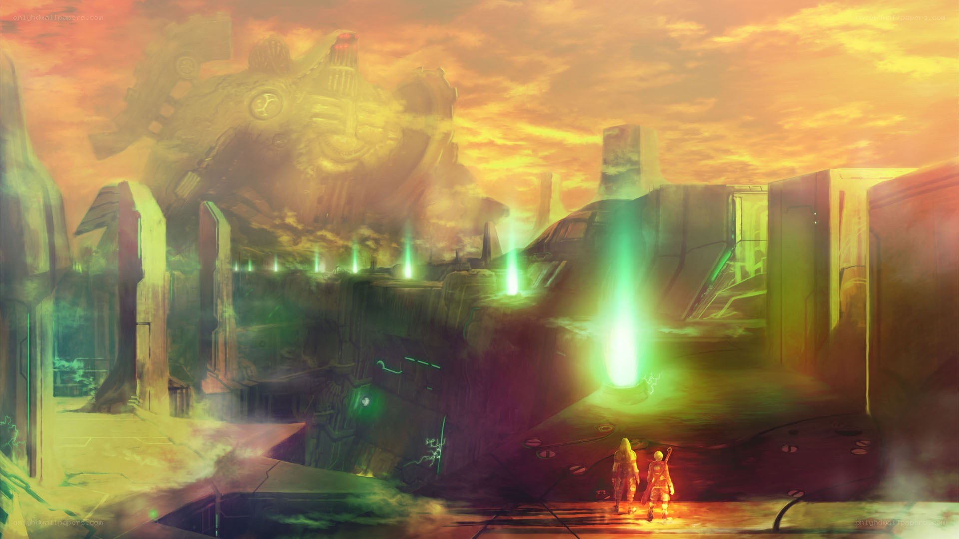 sci-fi ruins at sunset