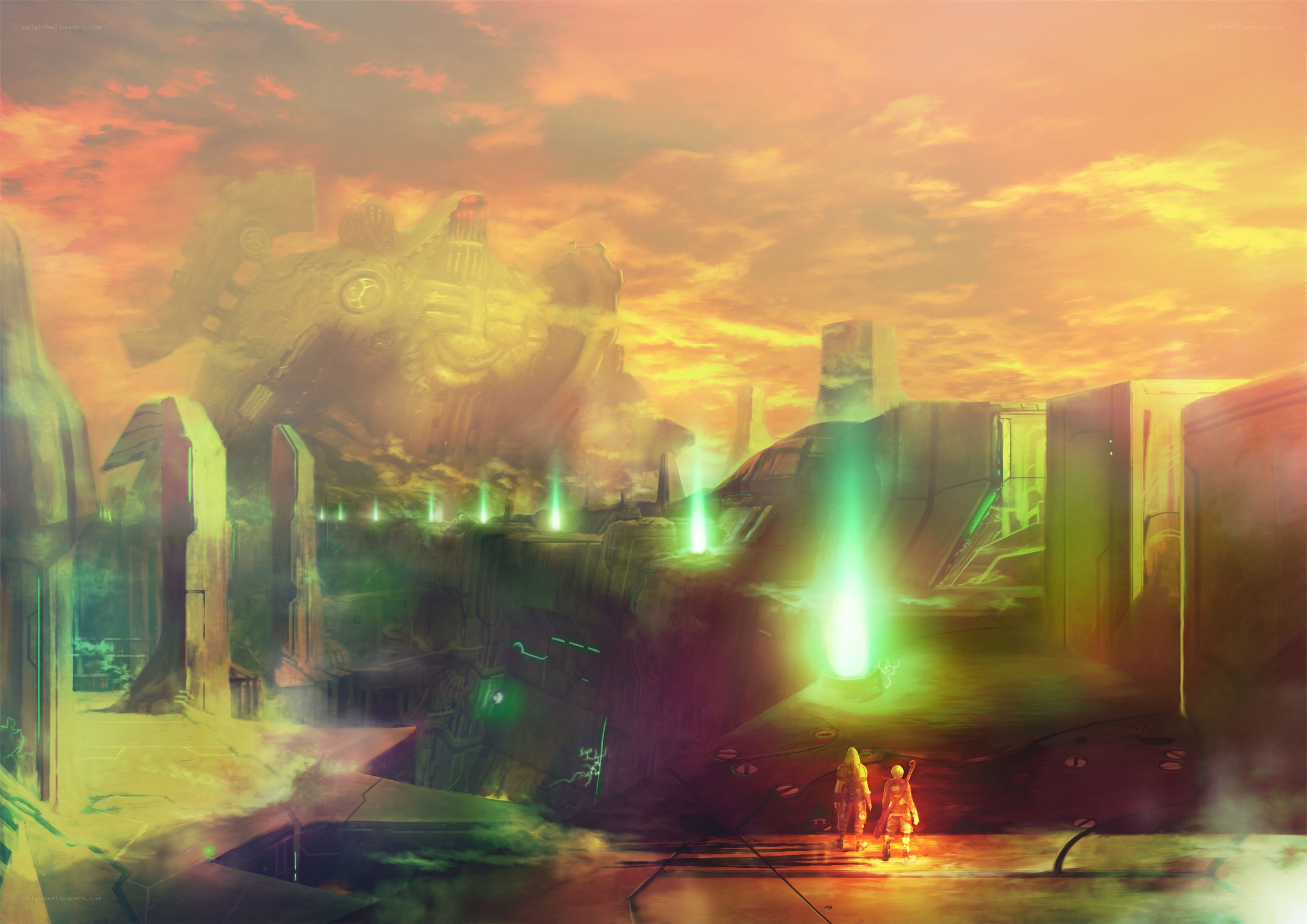 sci-fi ruins at sunset