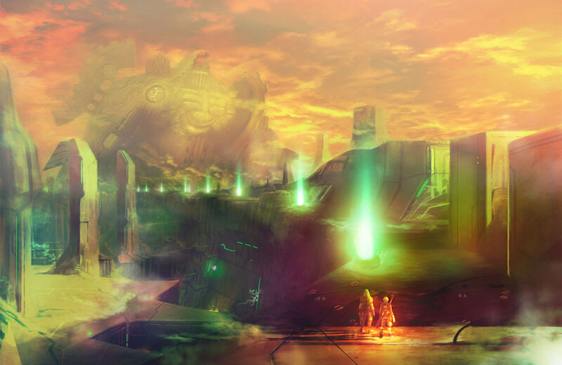 sci-fi ruins at sunset